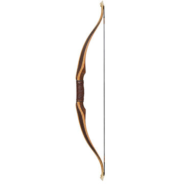 Traditional recurve bow with layered wooden limb, leather grip, carved horn tip, and dark string against transparent background