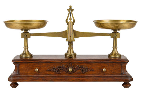 Vintage apothecary balance scale with brass weighing pan, central beam, precision mechanism, and ornate wooden base on transparency background