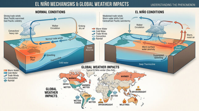 Infographic diagram illustrating El Ni&ntilde;o mechanisms contrasting normal conditions with El Ni&ntilde;o events, showing global weather impacts across the world map