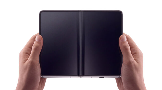 Black iPhone Duo foldable smartphone held in hands mockup for professional UI UX web designers featuring isolated transparent background without background for creative digital presentations