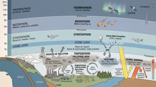 Infographic diagram illustrating Earth's atmospheric layers from troposphere to exosphere with pollution sources, ozone layer details, and global warming effects