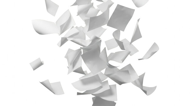 A pile of white papers falling down on a transparent alpha background. stationery documents fly down on an empty background.