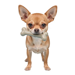 Obraz premium Tiny Chihuahua dog with a small plastic bone, on a transparent background