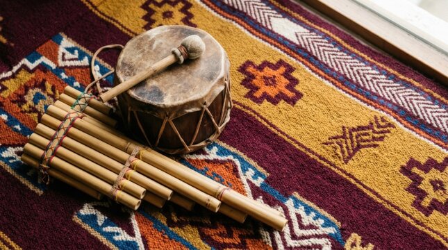 Traditional Andean pan flute and a small leather drum with a mallet resting on a vibrant woven rug with geometric patterns for cultural music and ethnic heritage travel concepts