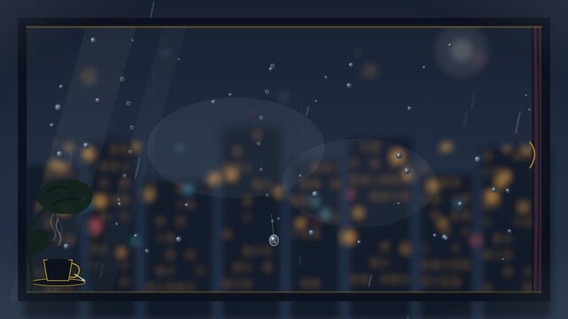 Animated Rainy Window View of City Lights at Night with Hot Coffee Cup and Raindrops