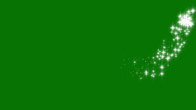 2d glitter star sparkle animation with white twinkling stars, bokeh lights, magic fairy dust, pixie sparkle trail, glowing particle lines and cartoon doodle effects on green background in 4k