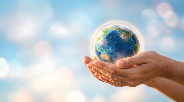 Human hands holding a glowing Earth globe representing global sustainability, environmental protection, climate change awareness, and world peace concept