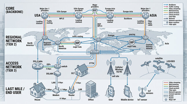Global network infrastructure diagram illustrating core backbone connectivity between North America, Europe, and Asia with detailed routing paths