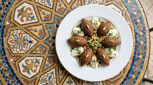 Traditional Middle Eastern Kibbeh Bil Sanieh on Decorative Plate
