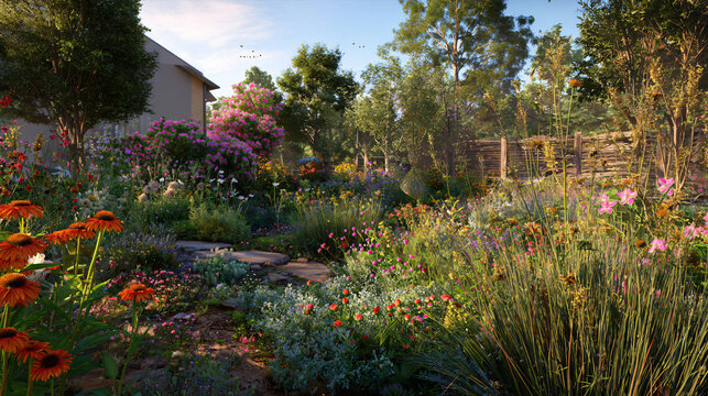 premium realistic environmental photograph of a native pollinator garden surrounding a small urban property, 