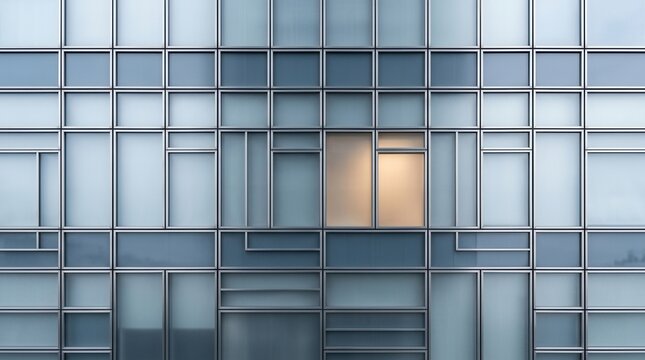 A hi tech geometric steel structure with rectangles and parallel lines on a metal wall glass door of a modern industrial or office building.