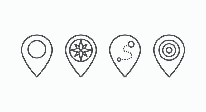 Location Pin Icon Set - Compass, Route, and Target Map Symbols.