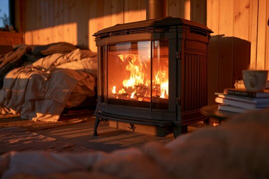 Bright orange flames flicker within the glass front of a black metal wood stove casting warm golden light across wooden walls and soft blankets nearby with a steaming mug and stack of books resting