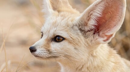 Fototapeta premium Fennec Fox Close-up: A close-up portrait of a Fennec fox, known for its enormous ears, set against a blurred desert background, highlighting its unique features and captivating gaze.