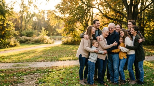 A happy multi-generational family embracing together in a sunlit autumn park during a golden hour portrait session representing love connection and togetherness for lifestyle marketing