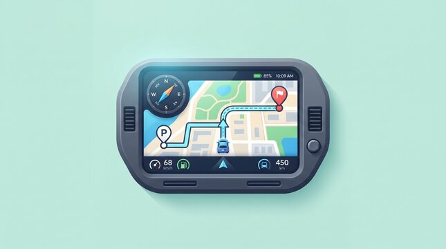 Smart Automotive Dashboard Icon with Digital Navigation Map, Route and GPS Destination Marker