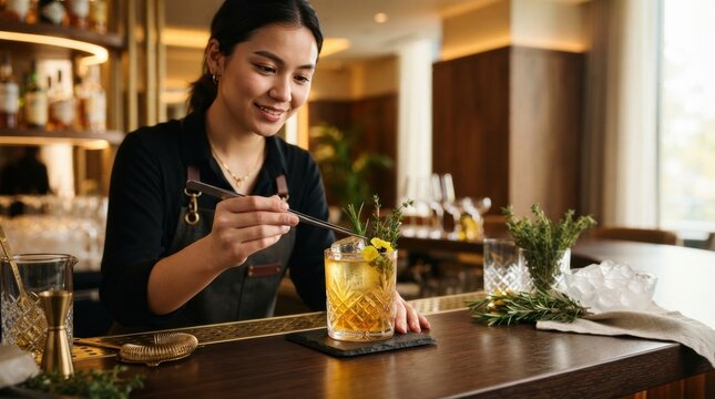 Artful Elixir: A skilled female bartender garnishes a sophisticated cocktail with precision, showcasing her artistry and the drink's refreshing appeal.