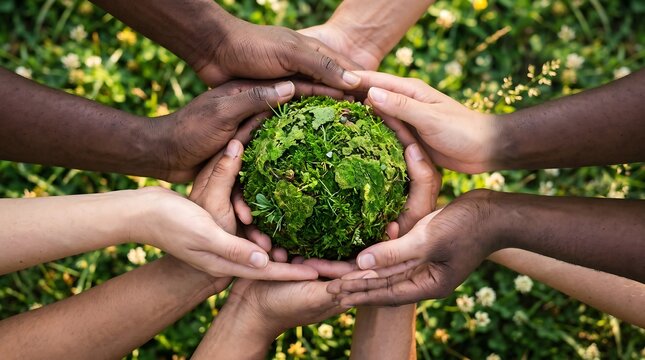 Diverse group of people holding a green moss globe together, symbolizing global environmental protection, sustainability, and unity for nature