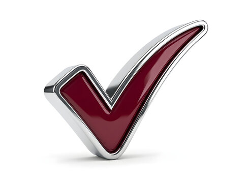 A glossy dark red check mark icon with a metallic silver border isolated on a white background for business concepts
