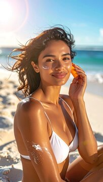 Woman applies sunscreen on a sunny beach day to protect her skin from the sun.
