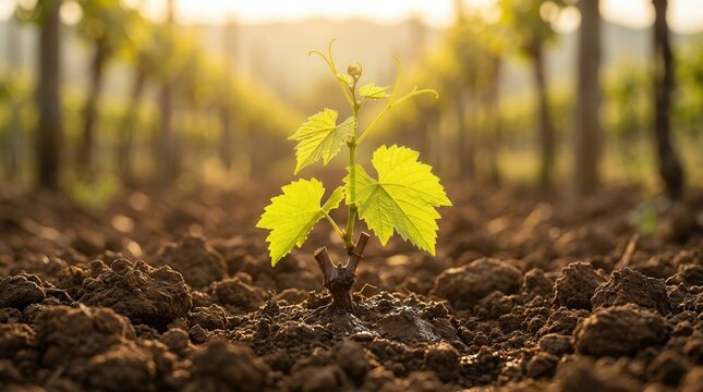 Seedling of a young grapevine plant emerging in a vineyard setting