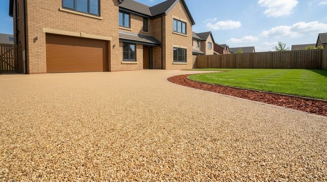 Newly completed resin driveway installation at the exterior of a detached house