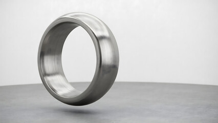 Obraz premium A single metallic ring with a smooth, polished surface floating above a grey surface against a plain, light-colored studio background