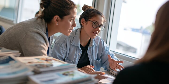 Two young women engaged in conversation at a desk covered with stacks of brochures and pamphlets, one wearing glasses and gesturing with her hand