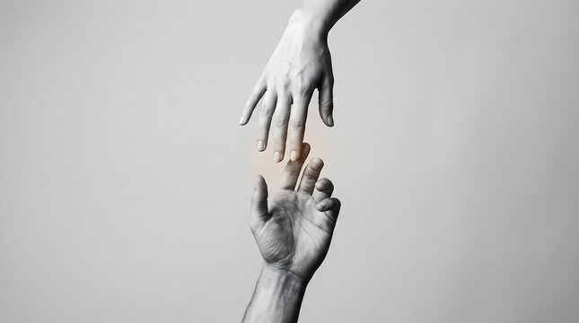 Two hands reaching toward each other in a gesture of connection, support, hope, and human interaction on grey background