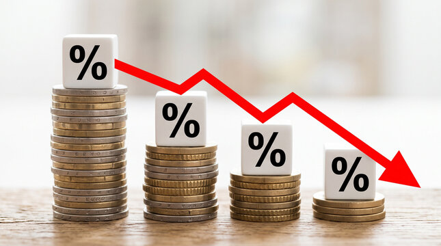 Declining interest rates concept with falling coin stacks, red arrow pointing down over percentage blocks, financial crisis and inflation reduction isolated on White Background