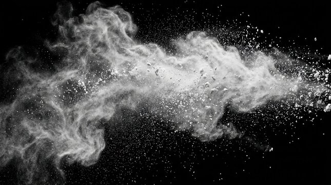 Abstract pattern of exploding white powder flour on a black space background.