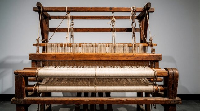 Old wooden loom creates fabric with threads. Antique textile machine shows weaving craft. Vintage industry tool displays wood structure, metal parts, and thread detail.