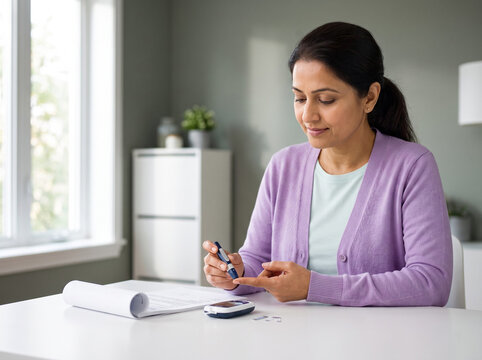 Indian Woman Checking Blood Sugar Level at Home with Glucose Meter