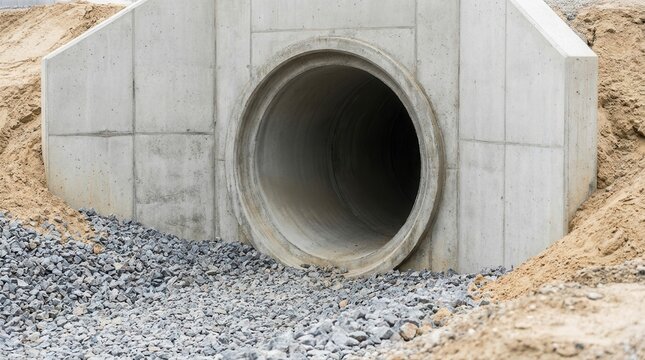 Rainwater culvert with a concrete headwall and horizontal drainage pipe under a street