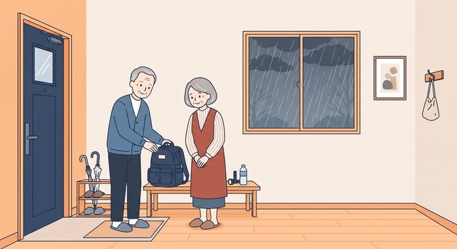 大雨に備えて玄関先で避難の準備をする老夫婦