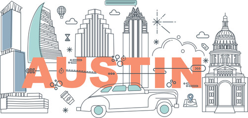 Obraz premium Austin culture travel set, American famous architectures, USA in flat design. Texas business travel and tourism concept clipart. Image for presentation, banner, website, advert, flyer, roadmap, icons