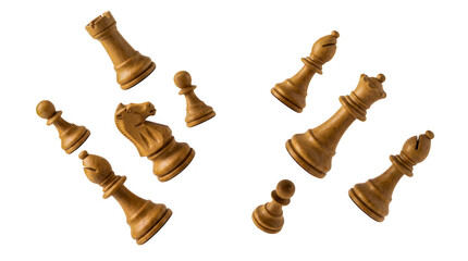 Set of wooden chess pieces scattered on a flat surface isolated on transparent background © Designer