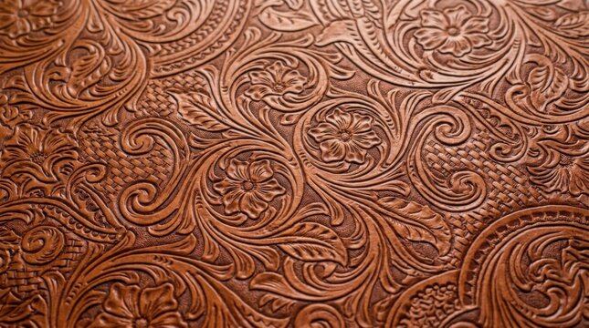 A high quality close up of rich brown leather featuring intricate hand carved floral western tooling patterns with elegant swirls and basket weave textures for luxury design projects