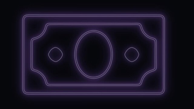Banknote icon glowing with purple neon light appears centered on a pitch dark background, illustrating concepts of cash, wealth, and electronic money.