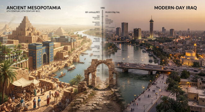 Panoramic split view showcasing ancient Mesopotamian city life juxtaposed against modern-day Iraq skyline at sunrise or sunset