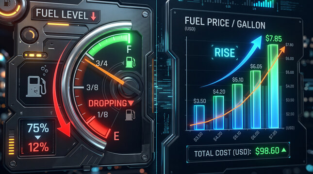Digital dashboard display showing fuel level gauge at 75 percent dropping, alongside vibrant bar graph illustrating rising fuel price per gallon and total cost.