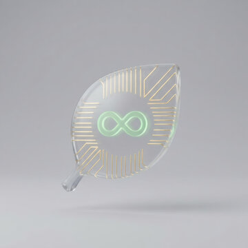 3D Frosted Glass Leaf with Glowing Infinity Symbol