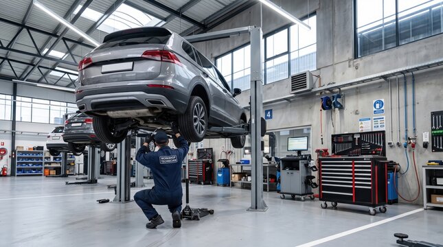 Professional mechanic repairing silver SUV elevated on hydraulic lift in modern auto service center, vehicle maintenance, diagnostics, and automotive workshop concept
