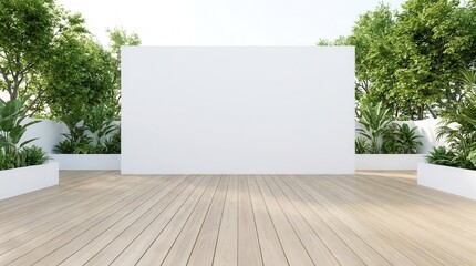 Obraz premium Wooden terrace floor and white garden wall featuring a nature backdrop 3D rendering