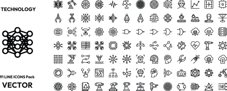 Technology line icons pack vector set with neural node symbols