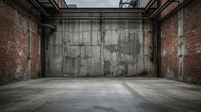 Industrial setting featuring a grungy warehouse brick wall and empty urban street with copy space.