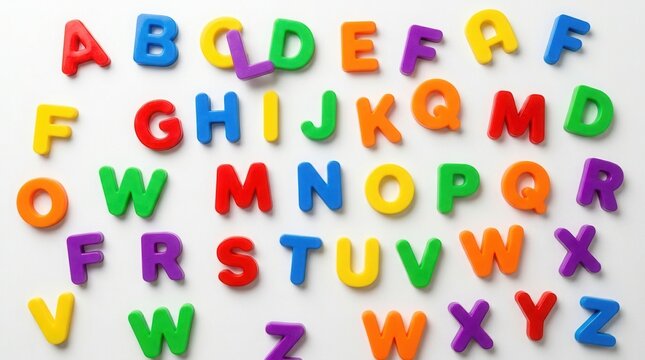 Colorful magnetic letters arranged on a white surface