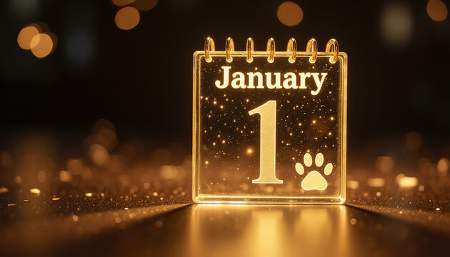 Glowing glass desk calendar showing January 1 st date with dog paw print icon and golden bokeh