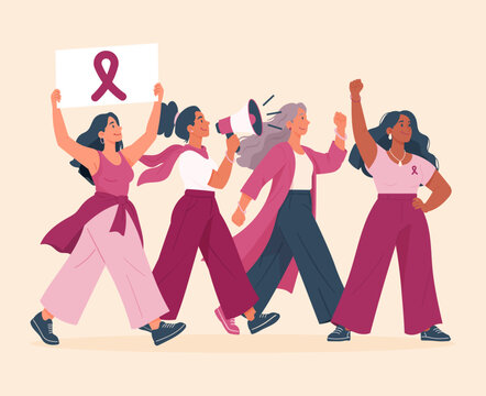 Illustration de quatre femmes diverses mobilis&eacute;es pour Octobre Rose avec pancarte au ruban rose, m&eacute;gaphone et poings lev&eacute;s. Manifestation solidaire contre le cancer du sein et pour la sensibilisation.