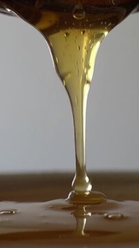 A close-up shot capturing a golden stream of honey slowly pouring down from a spoon or container, creating a smooth viscous texture as it merges into a glossy pool below.   